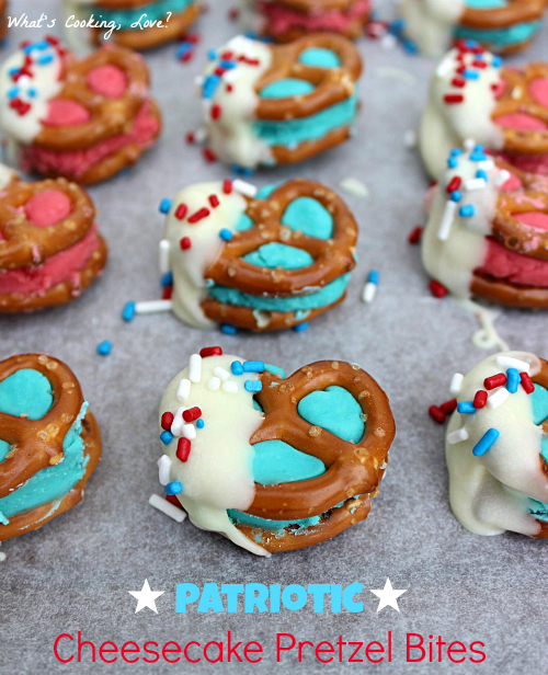 10 Fun Recipes with Pretzels for National Pretzel Day on April 26th: Patriotic Cheesecake Pretzel Bites