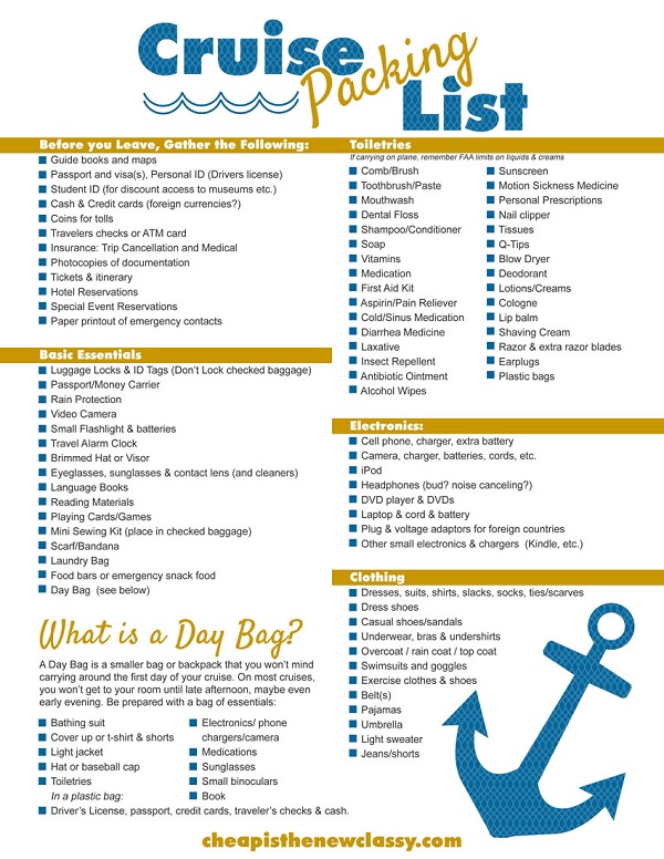 Packing List For A Cruise Printable